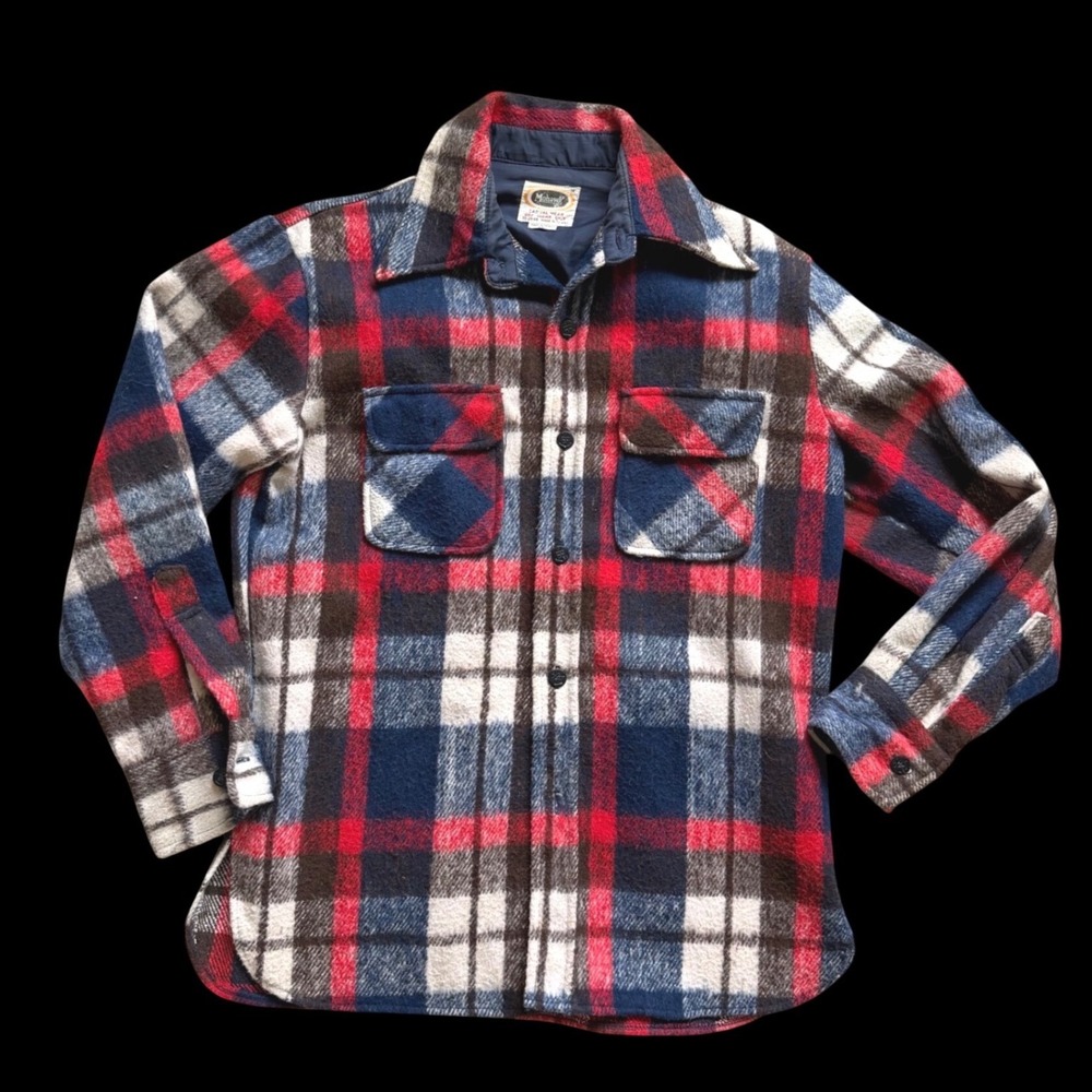70's Mohawk CPO style Plaid‎ Shirt Jacket Red Blue Wool Blend Flannel Medium